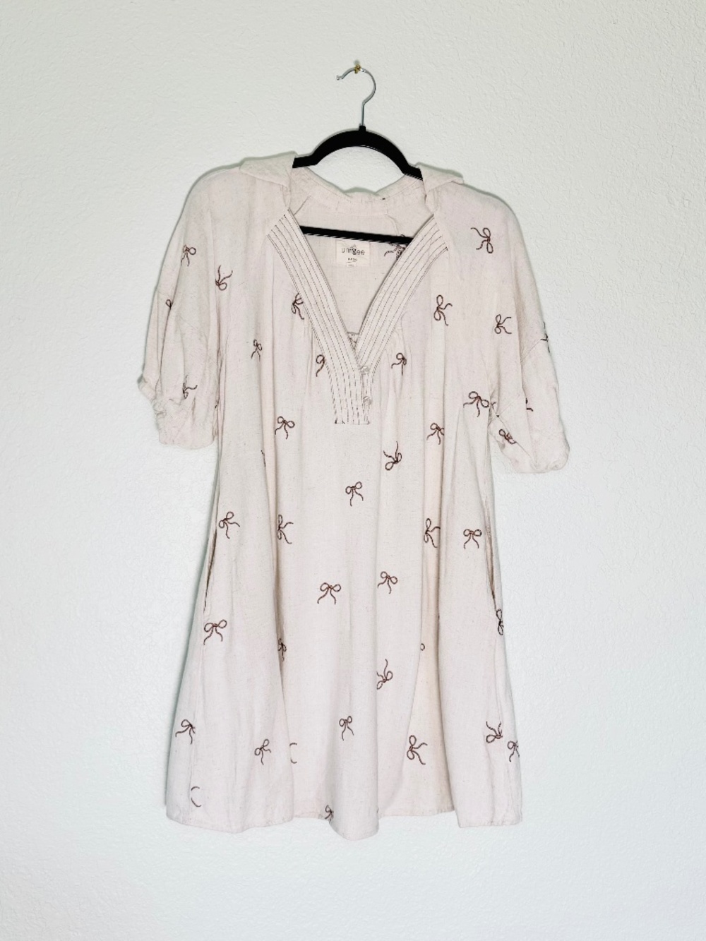 Umgee Tunic Shirt Dress M Oatmeal Embroidered Bows Fall Linen Cotton Oversized